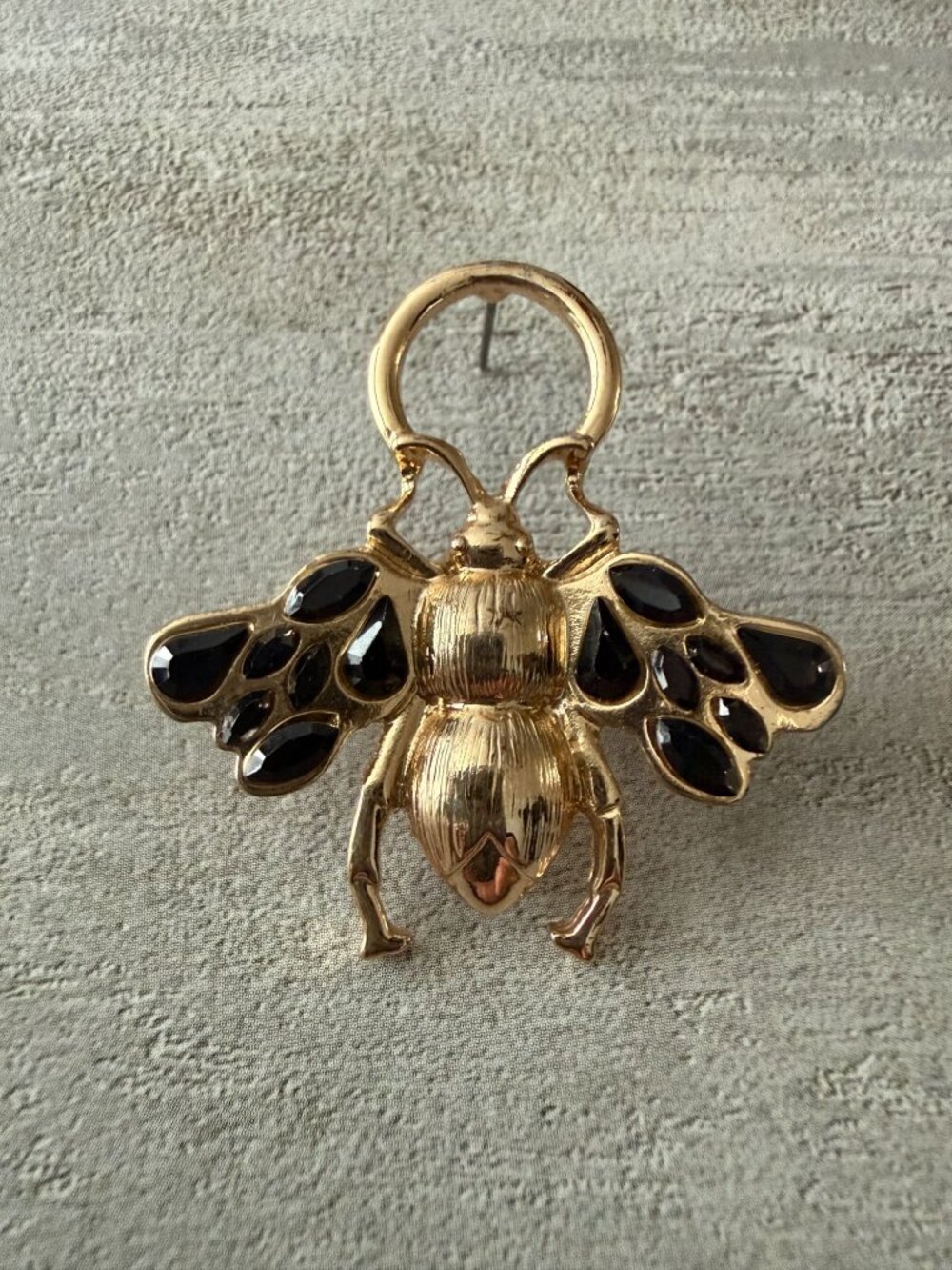 Gold Bee-Shaped Earrings Black Rhinestone Wing Detailing Post Back Oversized - Picture 2 of 5